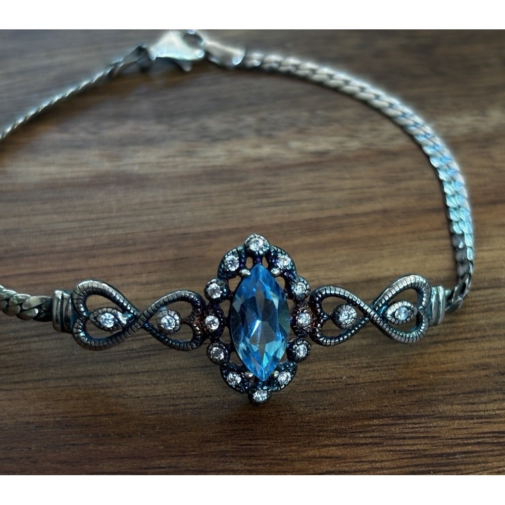 7.5" Sterling Silver Marquis Cut Swiss Aqua Blue Topaz Curb Chain Bracelet